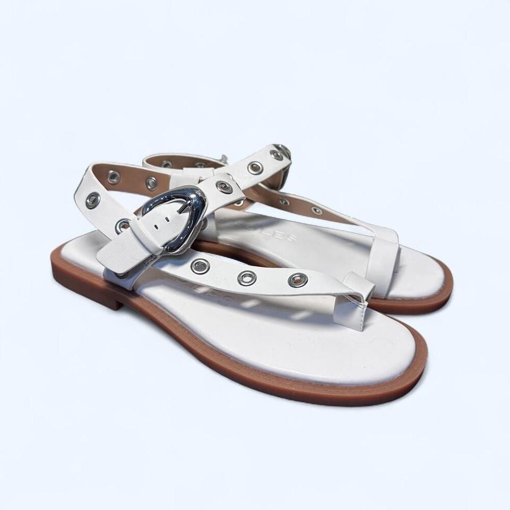 BNWT Aerosoles White Geometric Strappy Flats • Silver Eyelet Hardware Size 6.5